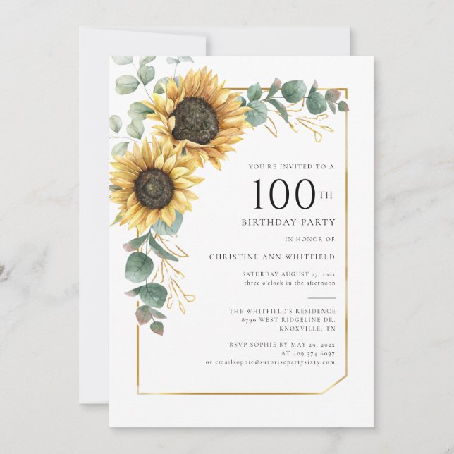 Invitation Tournesol floral Eucalyptus 100e anniversaire (Devant)