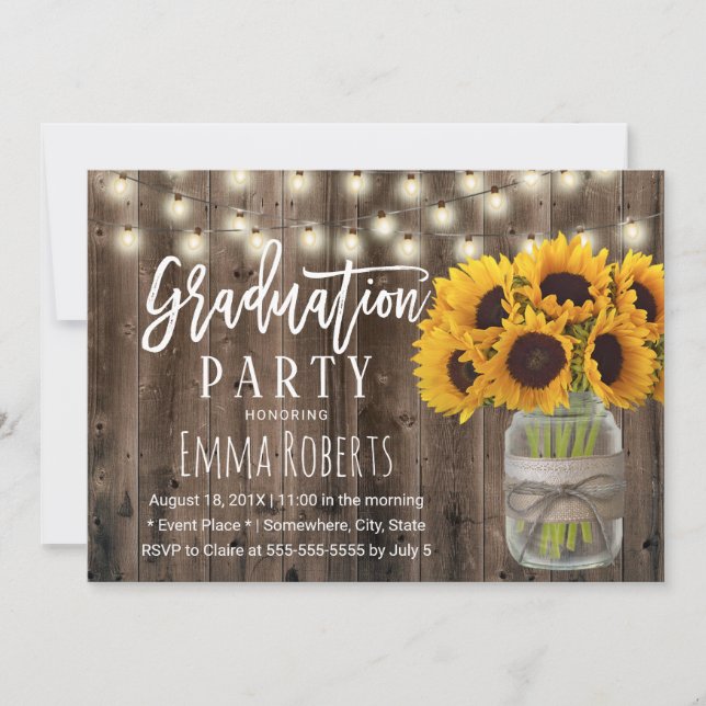 Invitation Tournesol Floral Jar Grange rustique Bois Graduati (Devant)