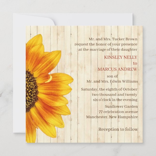 Invitation Tournesol Floral Jaune Russe Mariage Bois (Devant)