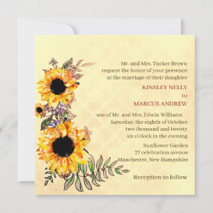 Invitation Tournesol Floral Jaune Rustique Mariage