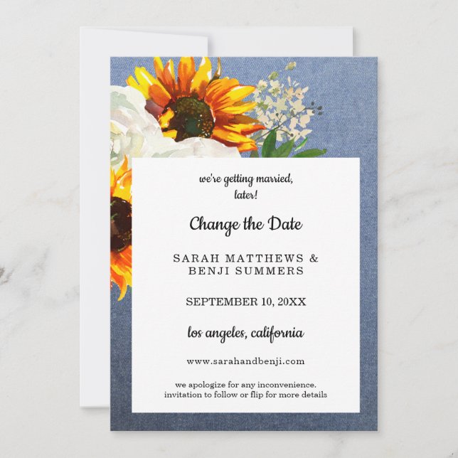 Invitation Tournesol Floral & Jean Changer la date des détail (Devant)