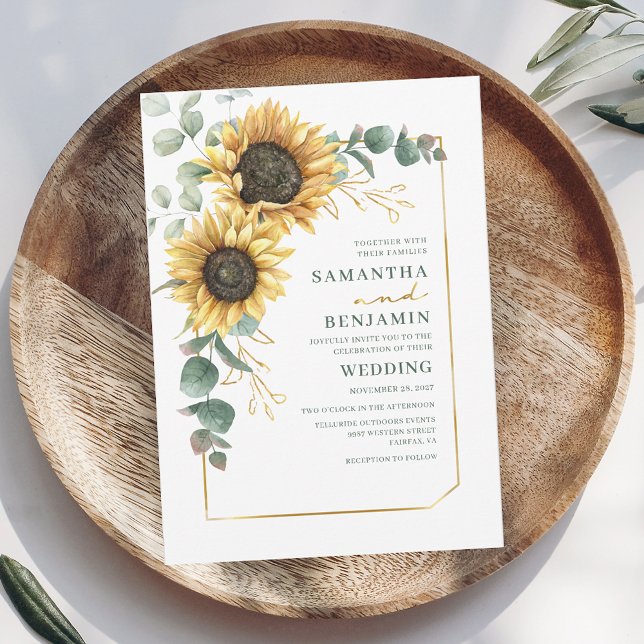 Invitation Tournesol floral Mariage de typographie (Floral Sunflower Eucalyptus First Names Wedding Invitation)