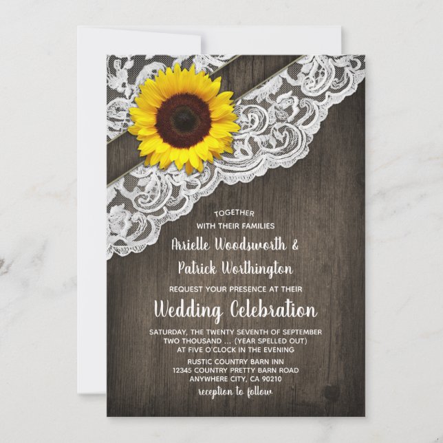 Invitation Tournesol Grange bois et dentelle mariage Invitati (Devant)