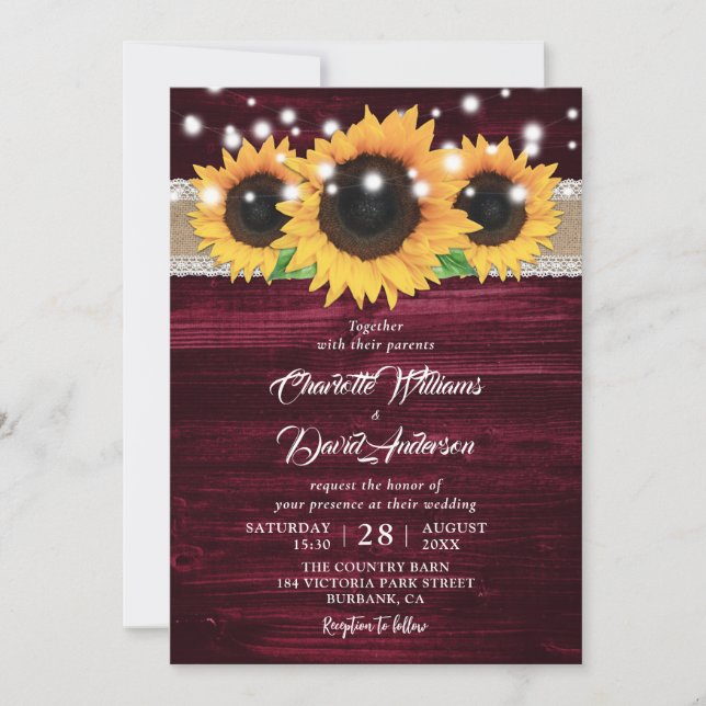 Invitation Tournesol jaune bordeaux Mariage rustique (Devant)