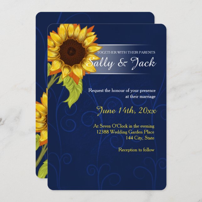 Invitation Tournesol jaune/mariage arrière - plan bleu (Devant / Derrière)