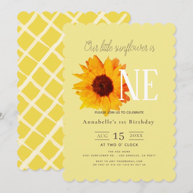 Invitation Tournesol Jaune mignonne 1er anniversaire (Devant / Derrière)