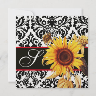 INVITATION TOURNESOL JAUNE NOIR BLANC MONOGRAMME DAMASSÉ