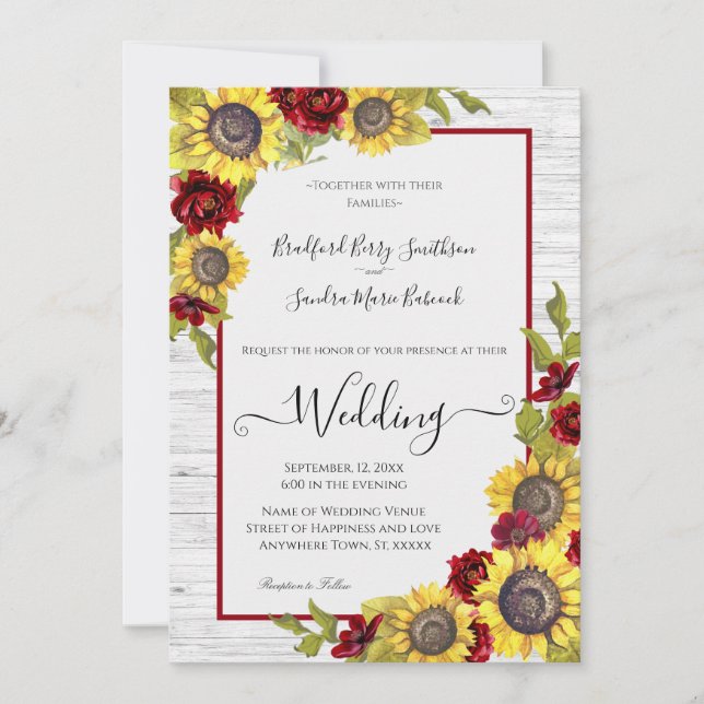 Invitation Tournesol Jaune Rustique Bourgogne Mariage Floral  (Devant)