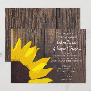 Invitation Tournesol jaune rustique et Mariage en bois de gra