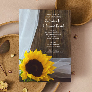 Invitation Tournesol jaune rustique et Mariage en bois de gra