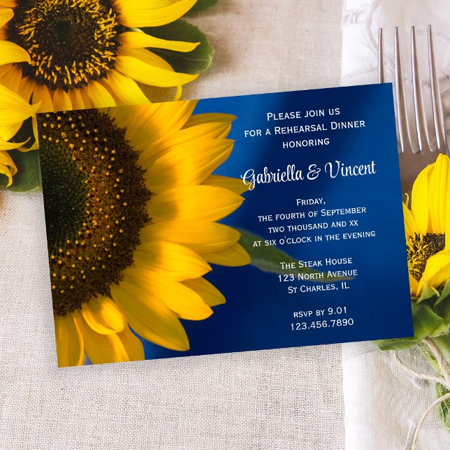 Invitation Tournesol jaune sur le Mariage bleu Dîner de répét (Créateur téléchargé)