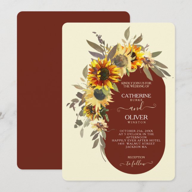 Invitation Tournesol moderne Brown Mariage de automne de crèm (Devant / Derrière)