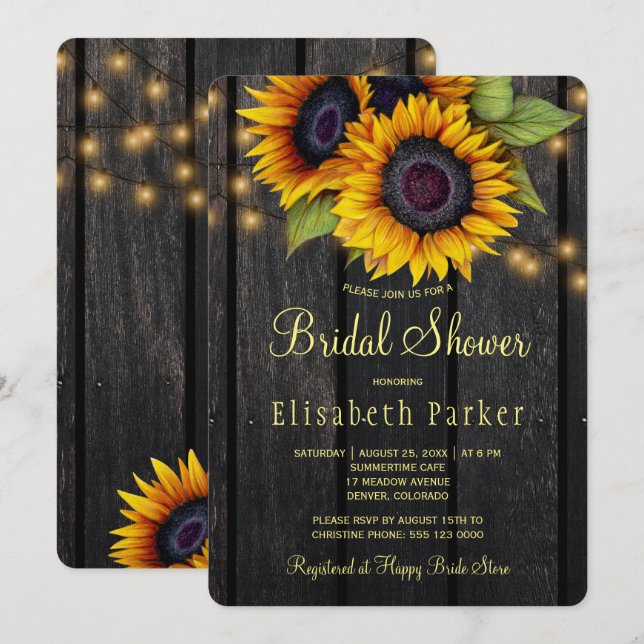 Invitation Tournesol or pays grange bois douche nuptiale (Devant / Derrière)