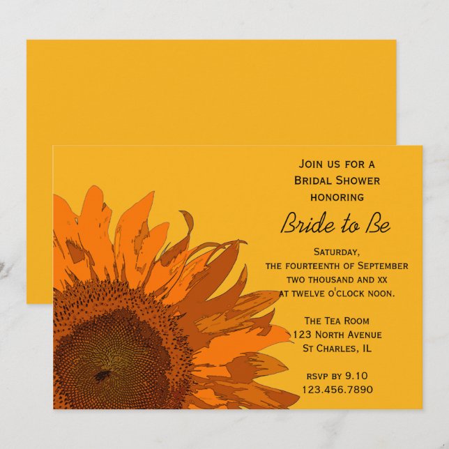 Invitation Tournesol orange sur Fête des mariées jaune (Devant / Derrière)