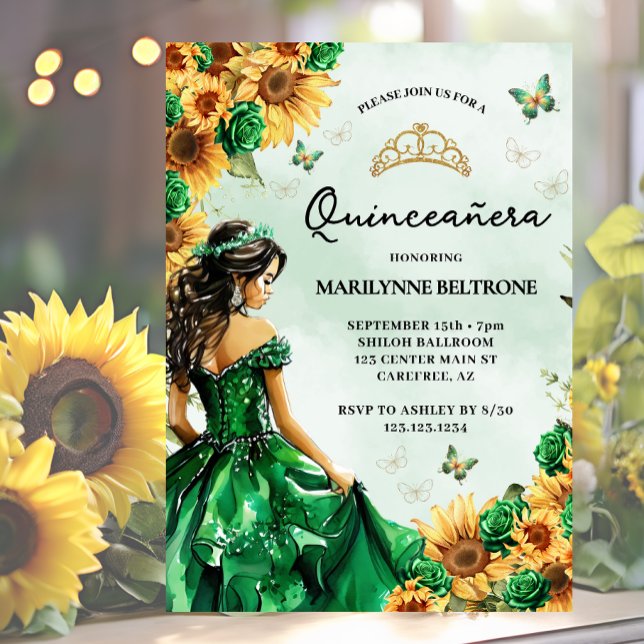 Invitation Tournesol Papillon vert Princesse Quinceañera (Créateur téléchargé)