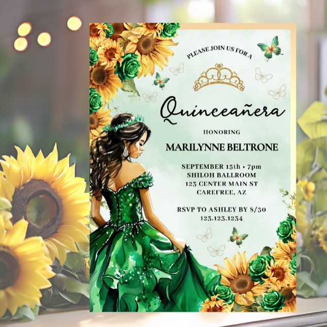 Invitation Tournesol Papillon vert Princesse Quinceañera (Créateur téléchargé)