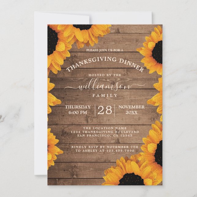 Invitation Tournesol rayonnant Rustique Bois Thanksgiving Dîn (Devant)