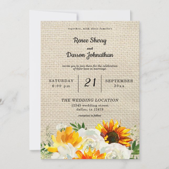 Invitation Tournesol & Rose blanche Mariage Floral - Burlap (Devant)