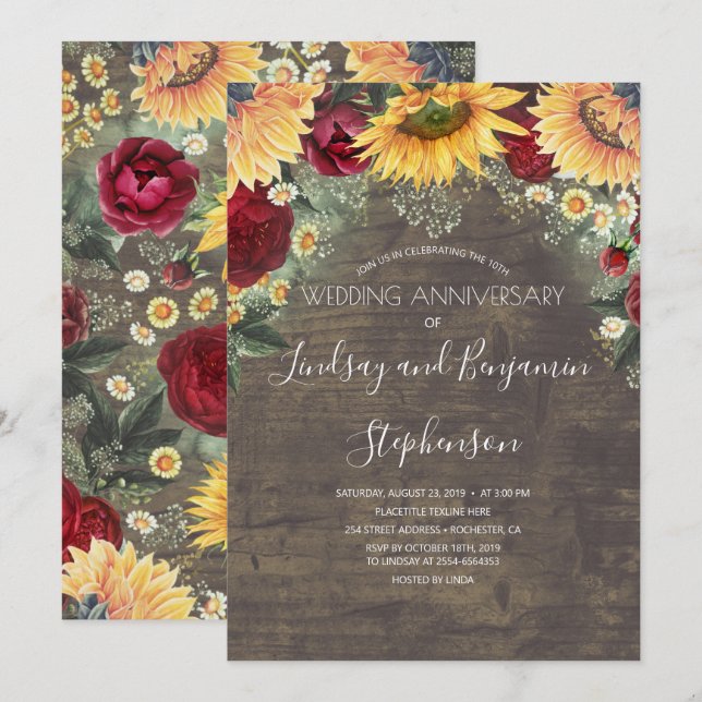 Invitation Tournesol Roses Rouges de Bourgogne Mariage Annive (Devant / Derrière)