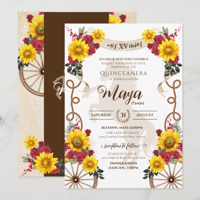 Invitation Tournesol & Roses Rouges Rustique Charro Quinceane (Devant / Derrière)