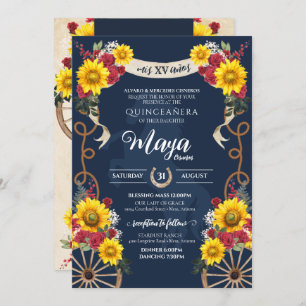 Invitation Tournesol & Roses Rouges Rustique Charro Quinceane