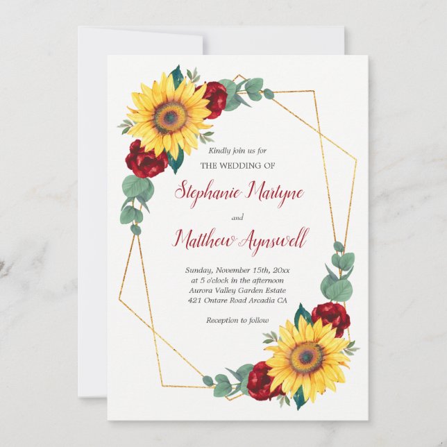 Invitation Tournesol Rouge Rose Mariage floral géométrique (Devant)