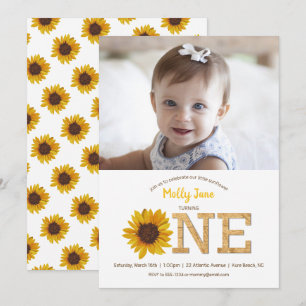 Invitation Tournesol rustique 1er anniversaire fille photo