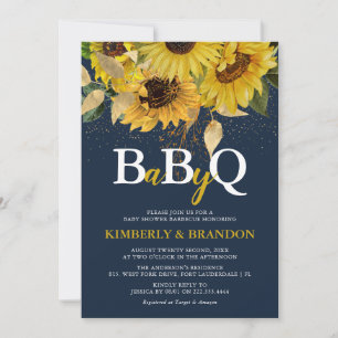 Invitation Tournesol rustique, Baby shower BBQ Marine & Gold