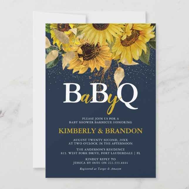 Invitation Tournesol rustique, Baby shower BBQ Marine & Gold (Devant)