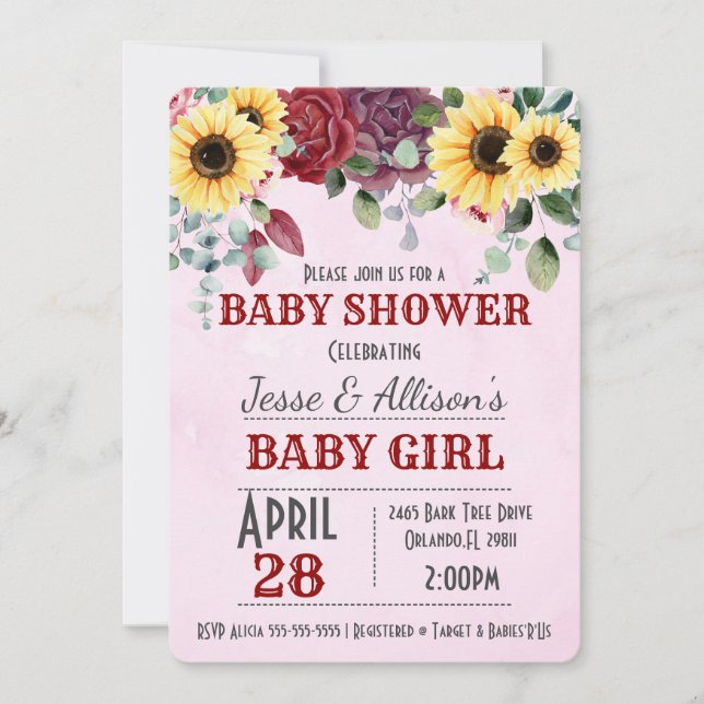 Invitation Tournesol rustique / Baby shower Floral Rose Invit (Devant)