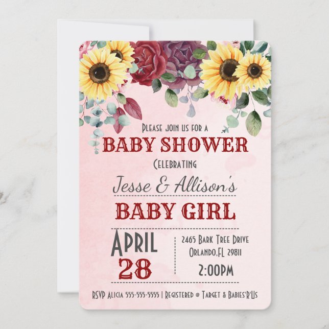 Invitation Tournesol rustique / Baby shower Floral Rose Invit (Devant)