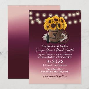 Invitation Tournesol rustique Baril de vin Bourgogne Mariage 