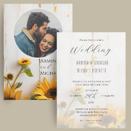 Invitation Tournesol rustique blanc Grange bois Mariage photo