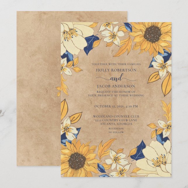 Invitation Tournesol Rustique bleu Jaune Mariage Floral (Devant / Derrière)