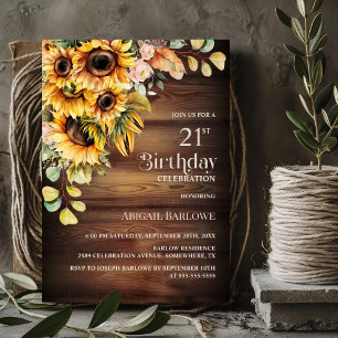 Invitation Tournesol rustique Bois 21e fête d'anniversaire