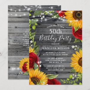 Invitation Tournesol Rustique Bourgogne Rose Bois fête d'anni