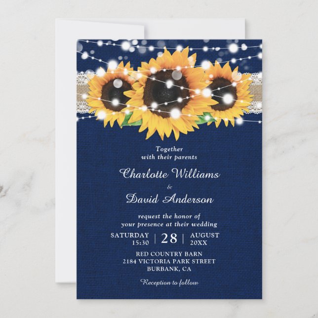 Invitation Tournesol rustique et mariage bleu marine Invitati (Devant)