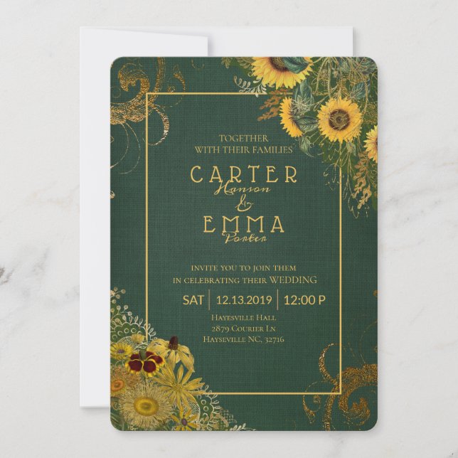 Invitation Tournesol rustique et Mariage campagnard vert dent (Devant)