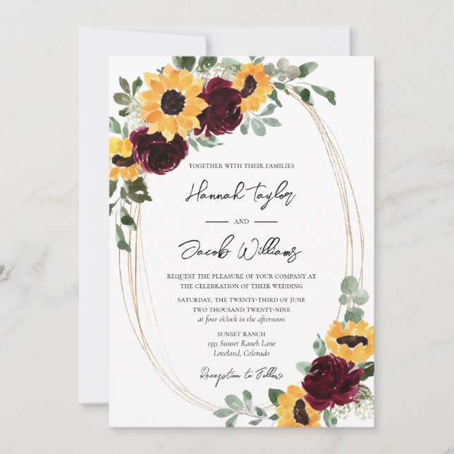 Invitation Tournesol rustique et Mariage Rose (Devant)
