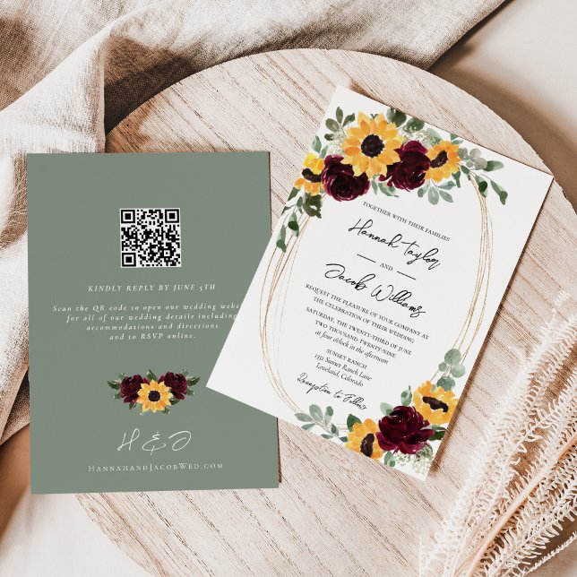 Invitation Tournesol rustique et Mariage Rose QR Code RSVP (Créateur téléchargé)