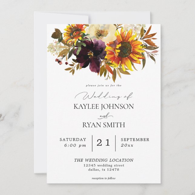 Invitation Tournesol rustique et violet violet Mariage floral (Devant)