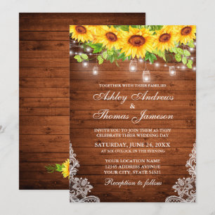 Invitation Tournesol Rustique Floral Bois Mason Jar Lumières 