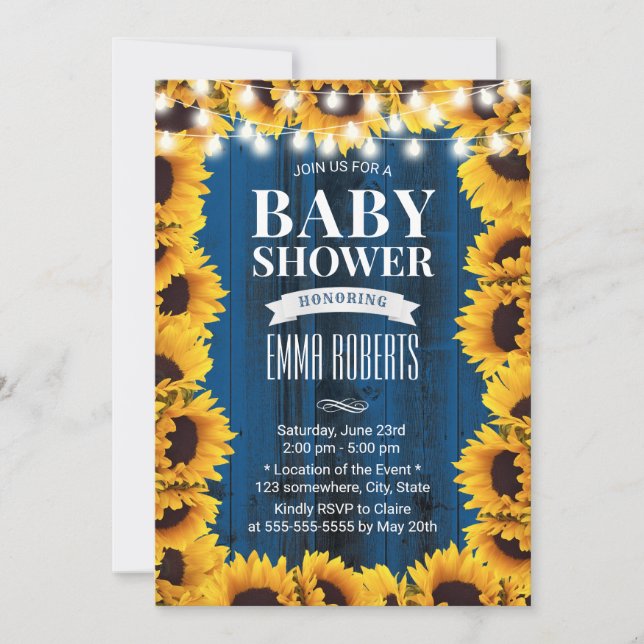 Invitation Tournesol rustique Floral Marine Baby shower à Gra (Devant)