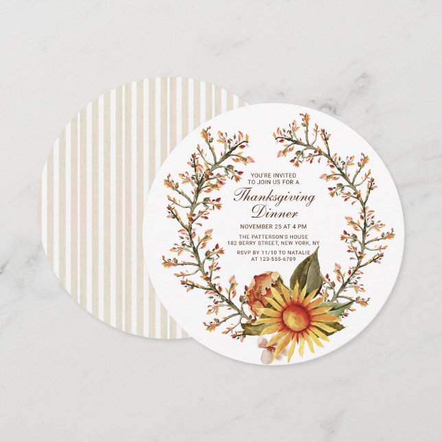 Invitation Tournesol Rustique Floral Wreath Thanksgiving Dîne (Devant / Derrière)