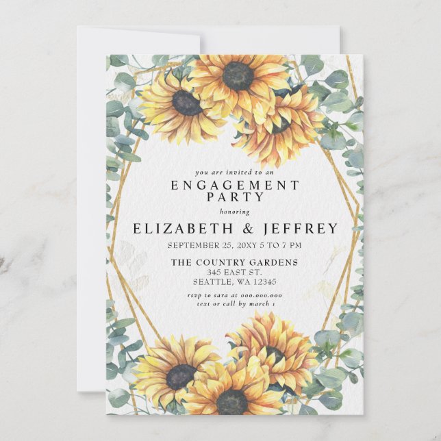 Invitation Tournesol Rustique Gold Engagement Party (Devant)