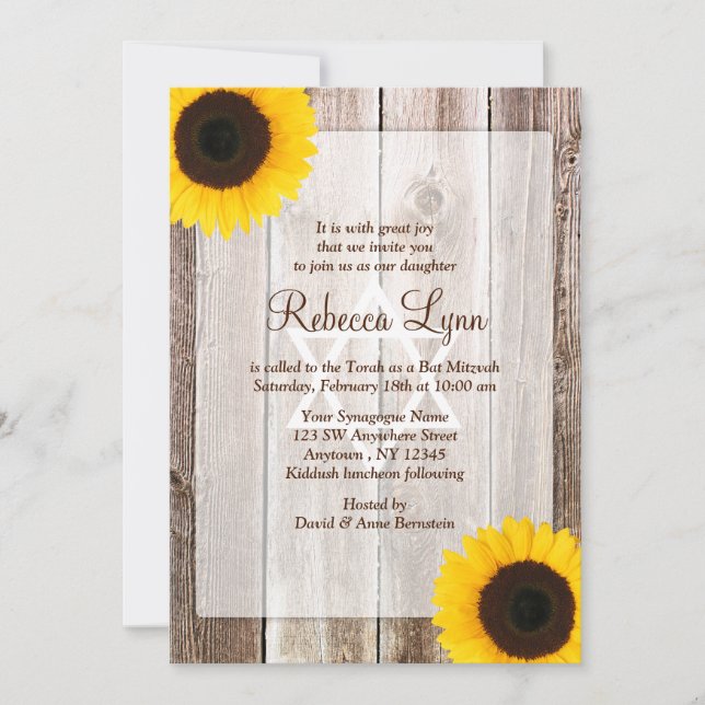 Invitation Tournesol Rustique Grange Bois Bat mitzvah occiden (Devant)