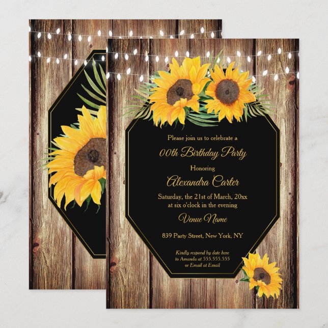 Invitation Tournesol Rustique Grange Bois Black String Lumièr (Devant / Derrière)