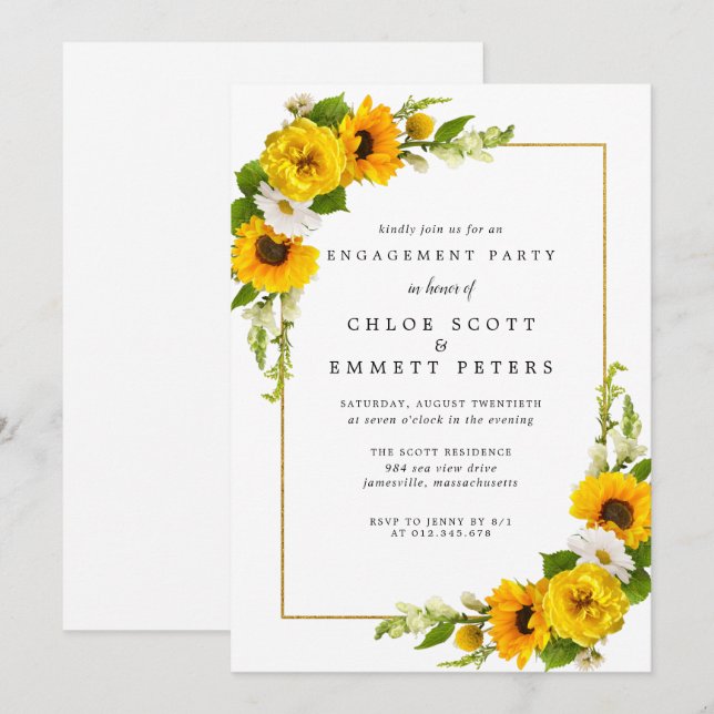 Invitation Tournesol rustique Jaune Fleur d'engagement (Devant / Derrière)