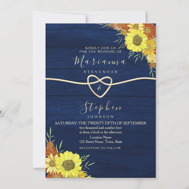 Invitation Tournesol Rustique Mariage bleu de la marine (Devant)
