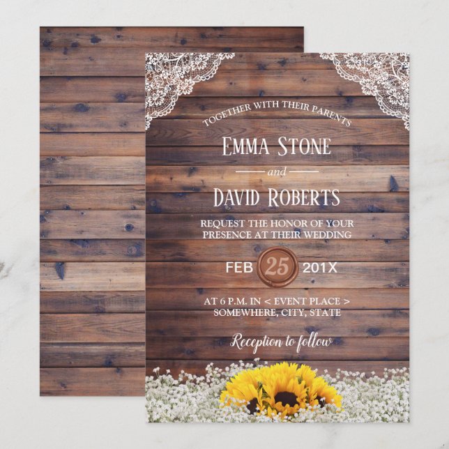Invitation Tournesol rustique & Mariage campagnard de respira (Devant / Derrière)